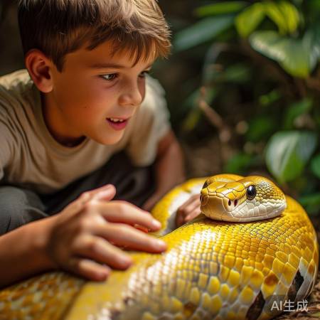 男生抚摸黄金蟒，友好交谈