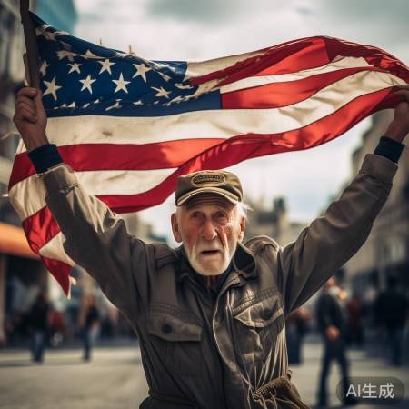 老兵插国旗,情感共鸣。