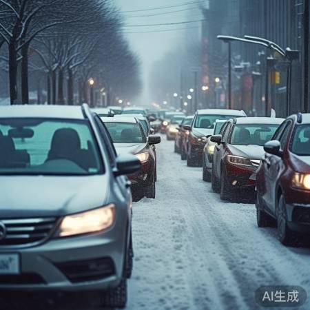 降雪致交通拥堵，小心驾驶！