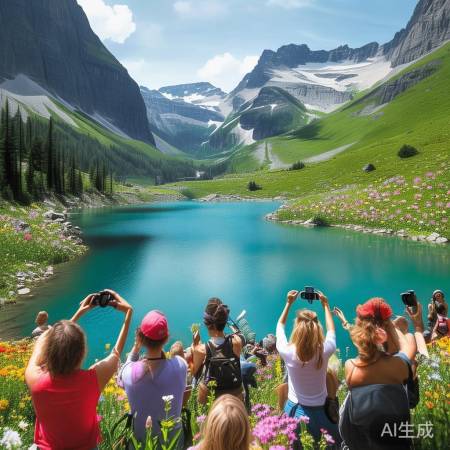 “湖泊如画,游客留影”