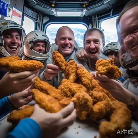 航天员太空烤翅,味美满足表情。