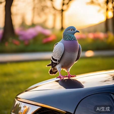 鸽子落车头，和谐共生