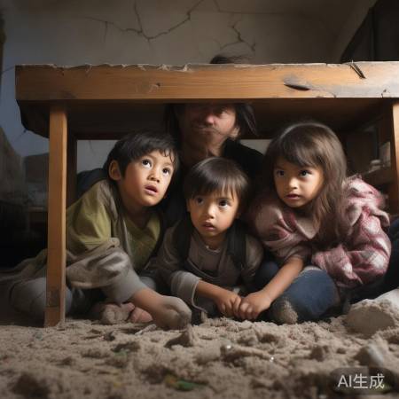 地震时,蹲下掩护抓牢