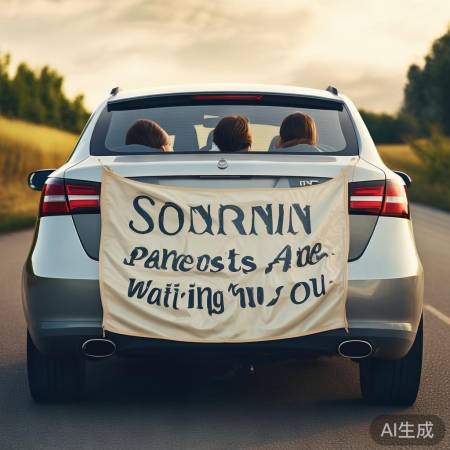 四口之家车上横幅，触动万千游子心弦