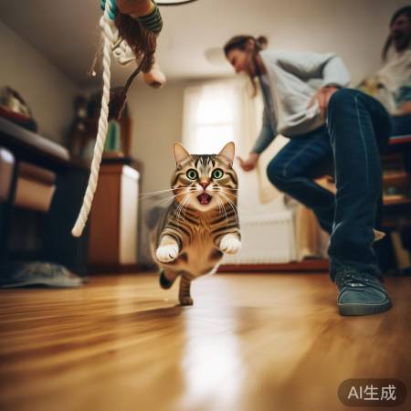 猫咪抢鱼绳，乐翻天
