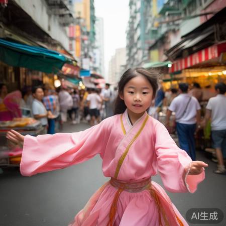 香港街头粉袍女孩英歌舞惊艳