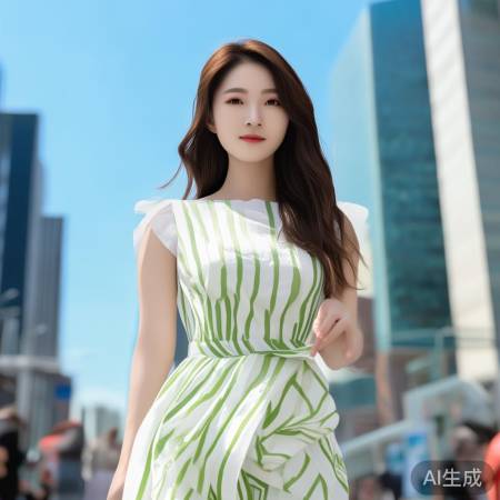 杨幂白绿条纹裙清新亮眼