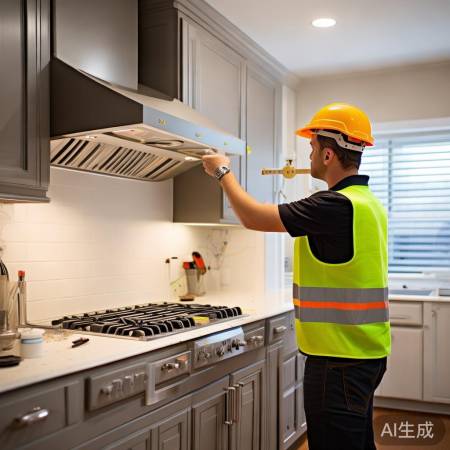 安装烟机前检查尺寸，确保安全。